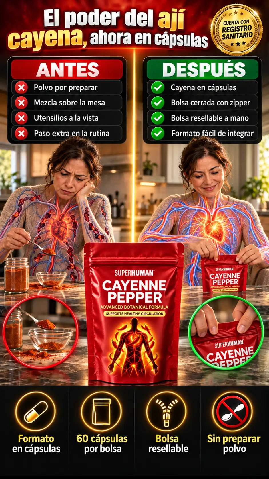 Cayenne Pepper SUPERHUMAN — Fórmula Avanzada 7 en 1 con Ají Cayena, Cúrcuma, Remolacha y Vitaminas D3+K2 (60 Cápsulas)